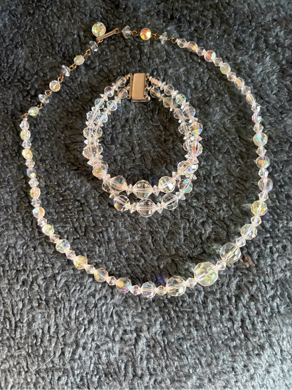 Vintage faux Crystal Aurora Borealis Bead Necklace and Bracelet Set